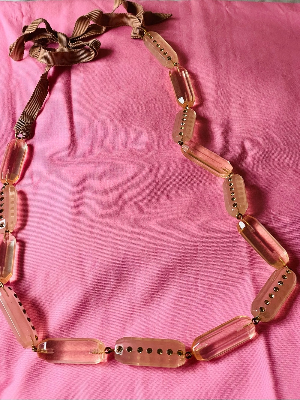 J. Crew Pink Lucite Bead w/Pave Crystals and Ribbon Necklace